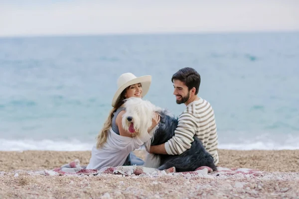 若いハンサムなひげを生やした男性と帽子ハグ大きなふわふわ犬の海海岸に格子縞の上に座ってのきれいな女性 — ストック写真