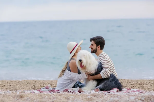 若いハンサムなひげを生やした男性と帽子ハグ大きなふわふわ犬の海海岸に格子縞の上に座ってのきれいな女性 — ストック写真