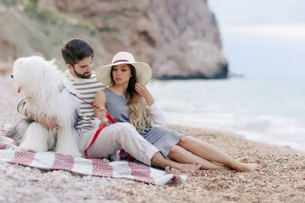 ふわふわ犬のビーチに格子縞の上に座って休んで恋若いカップル — ストック写真
