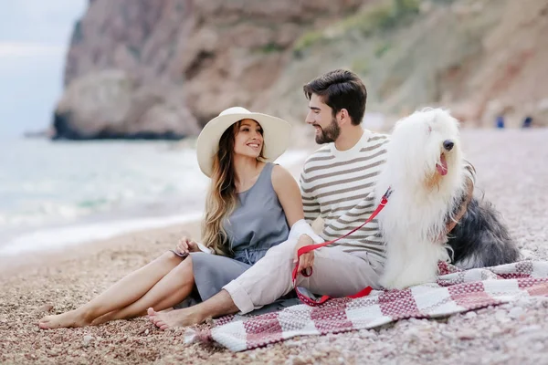 Pareja Joven Amor Descansando Con Perro Esponjoso Sentado Cuadros Playa —  Fotos de Stock