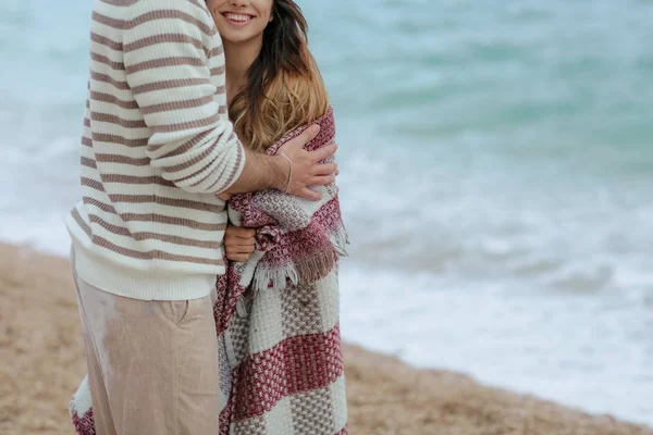 Man Hugging His Pretty Woman Covering Plaid Standing Sea Beach — Stock Photo, Image