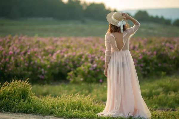 Mujer Vestido Largo Sombrero Paja Pie Sobre Fondo Verde Naturaleza — Foto de Stock