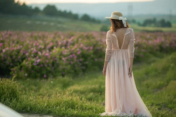 Žena Dlouhých Šatech Slaměný Klobouk Stojící Pozadí Zelené Přírody Pohled — Stock fotografie