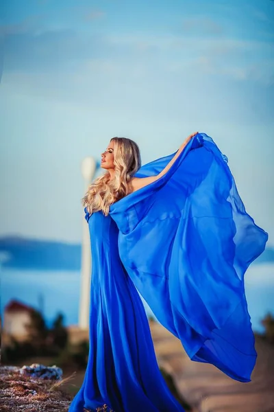Mulher Loira Atraente Vestido Azul Posando Fundo Natureza — Fotografia de Stock