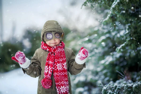 Lindo Niño Divirtiéndose Con Chaqueta Pie Sobre Fondo Árbol Nevado — Foto de Stock