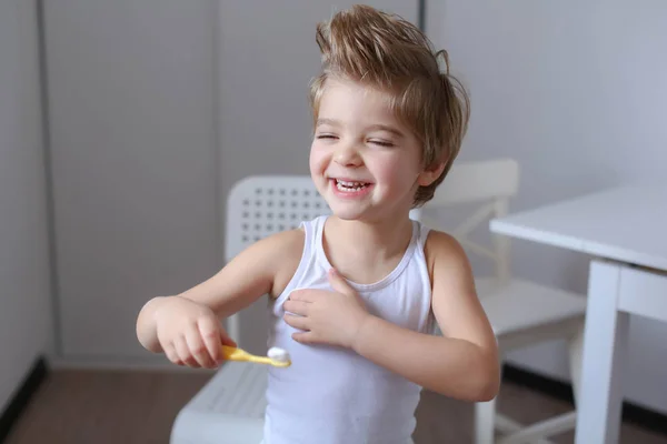 Portrait Happy Funny Little Boy Holding Tooth Brush Cleaning His — Stock Photo, Image