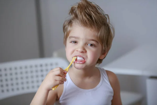 Portret Van Grappig Jongetje Holding Tandenborstel Zijn Tanden Reinigen — Stockfoto