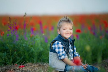 yeşil çayır çiçeklerle oturan küçük çocuk