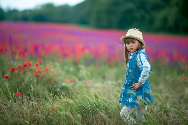 Little Girl Hat Posing Green Field Red Poppies — Stock Photo, Image