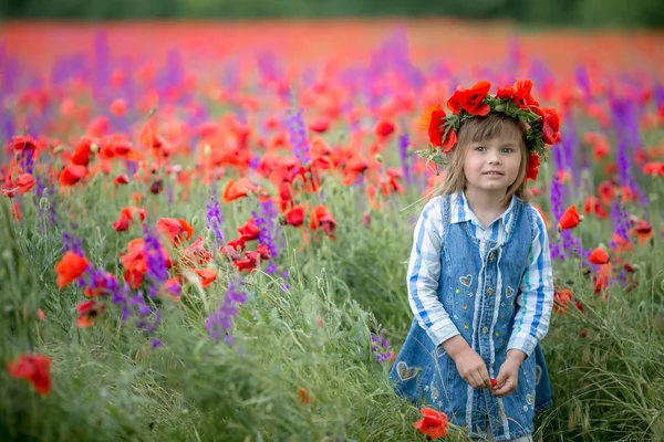 Niña Con Corona Floral Cabeza Sonriendo Posando Campo Verde Con —  Fotos de Stock