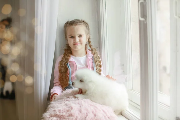 Niña Con Cachorro Sentado Alféizar Ventana — Foto de Stock