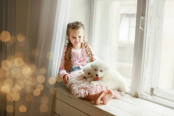 Meisje Poseren Met Puppy Vensterbank Studio — Stockfoto