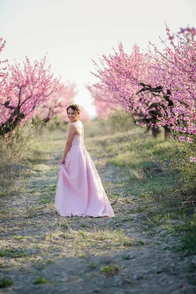 Gyönyörű Menyasszony Pózol Kertben Virágzó Fák Ellen — Stock Fotó