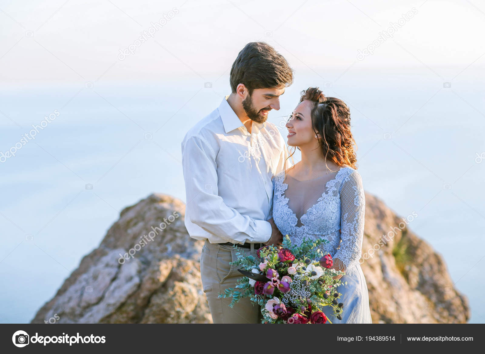 Bride Groom Posing Outdoor Wedding Photosession Stock Photo