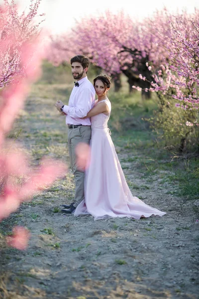 Vackra Bruden Och Brudgummen Poserar Trädgården Mot Blommande Träd — Stockfoto