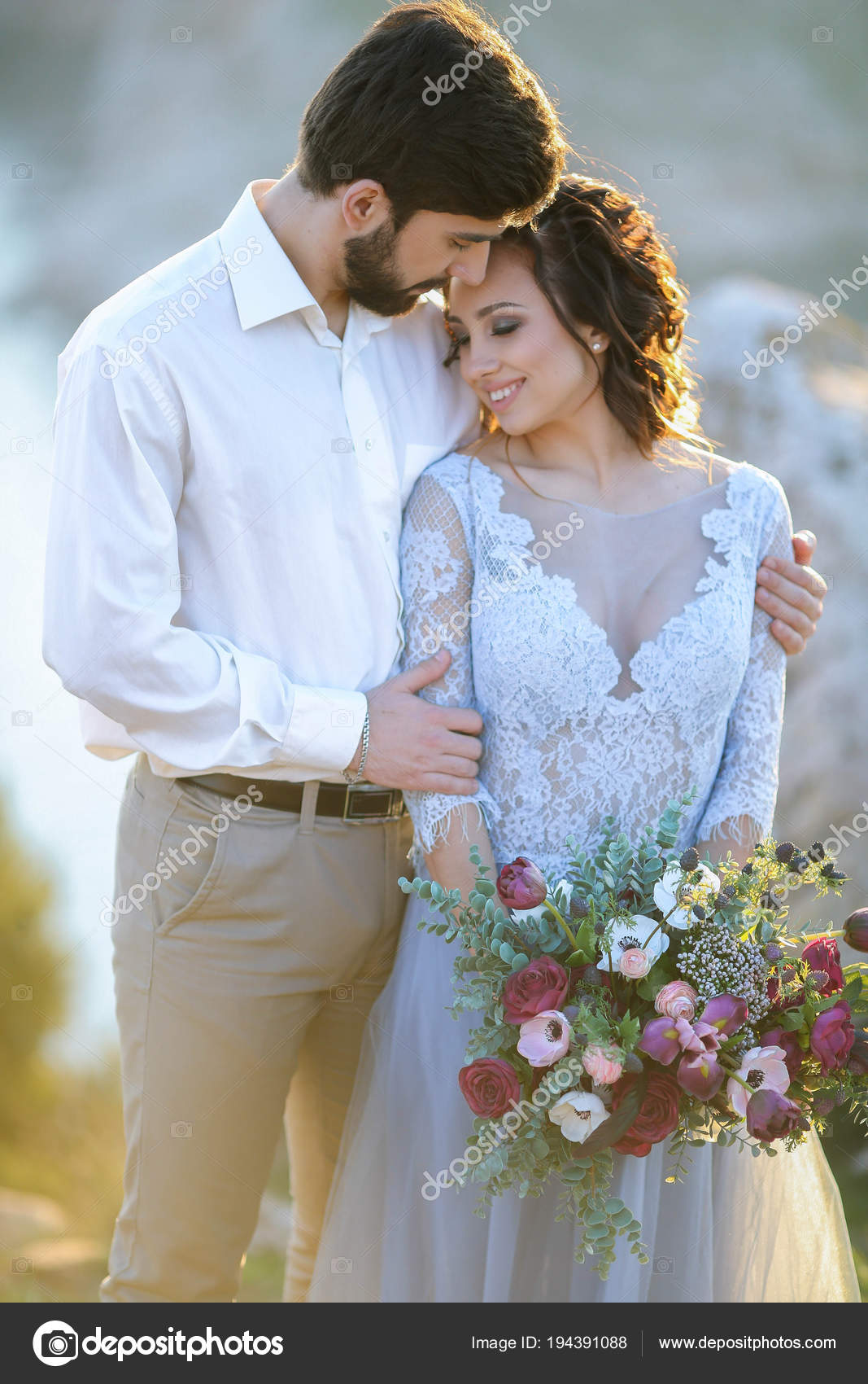 Bride Groom Posing Outdoor Wedding Photosession Stock Photo