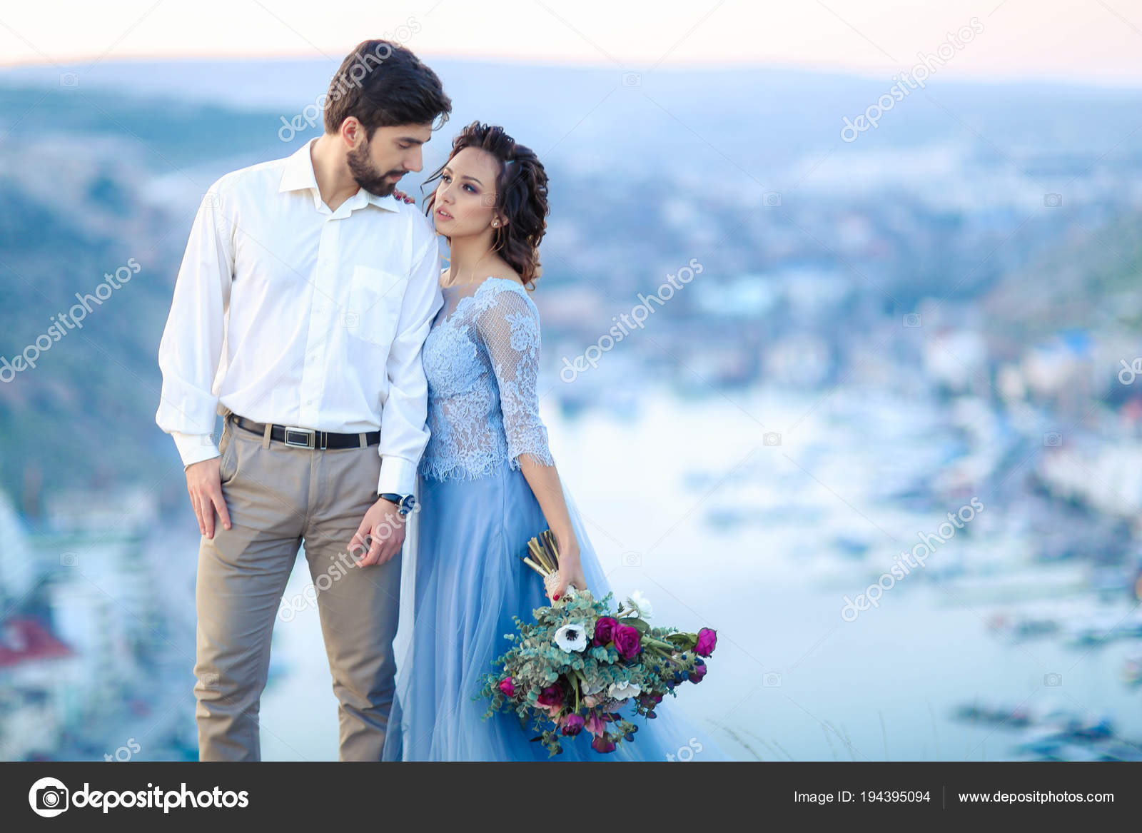 Bride Groom Posing Outdoor Wedding Photosession Stock Photo