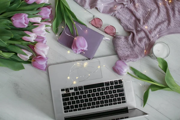 Top View Workplace Purple Tulips — Free Stock Photo