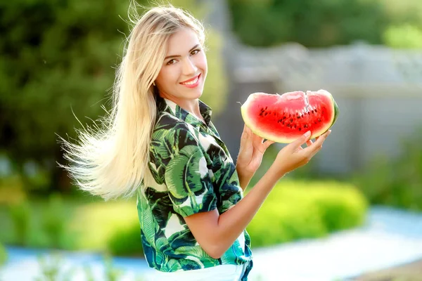 Young Beautiful Blonde Woman Watermelon Piece — Stock Photo, Image