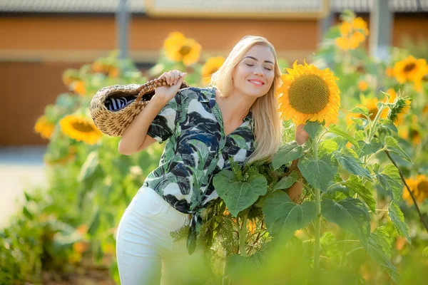 美丽的金发女人摆在向日葵领域 — 图库照片