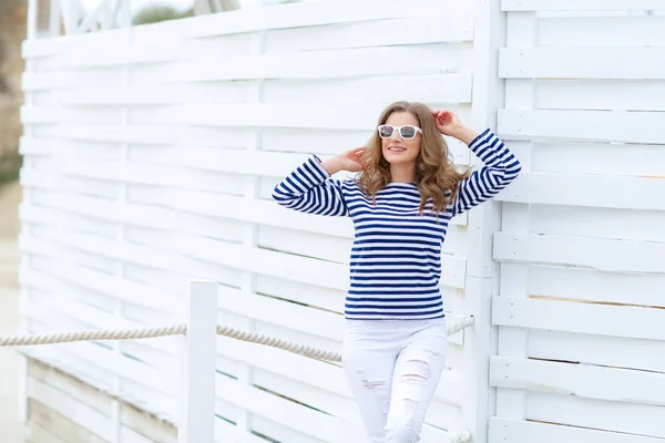 Young Beautiful Woman Posing Striped Shirt Wooden Background — Stock Photo, Image