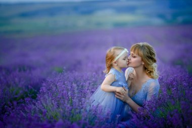 Anne ve kızı lavanta sahada poz 
