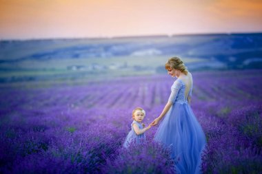 Anne ve kızı lavanta sahada poz 