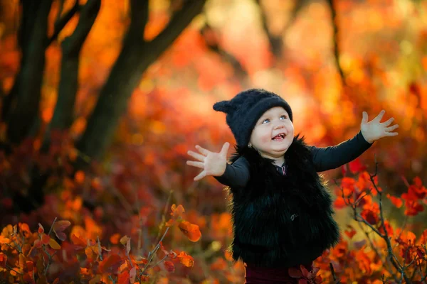 Linda Niña Posando Bosque Otoño — Foto de Stock