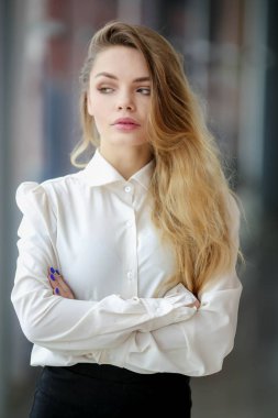 güzel sarışın iş kadını ofiste poz 