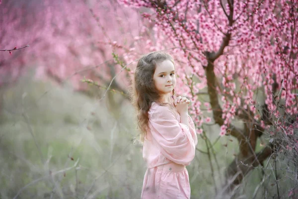Gyönyörű Kicsi Lány Pózol Szabadtéri Kert Virágzó Fák Ellen — Stock Fotó