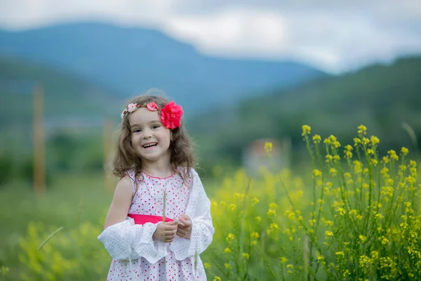 Nettes Kleines Mädchen Posiert Draußen Auf Dem Feld — Stockfoto