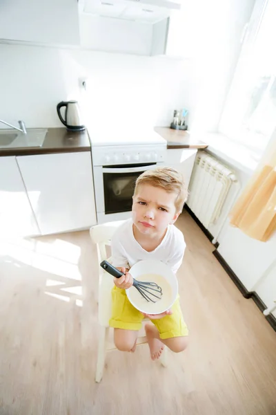 Cute Little Boy Kitchen Posing Kitchen Tools — Stock Photo, Image