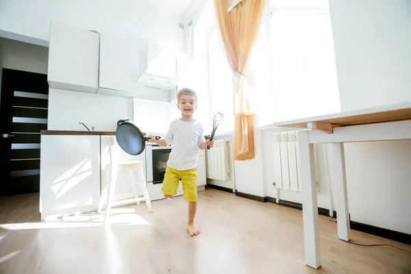 Cute Little Boy Kitchen Posing Kitchen Tools — Stock Photo, Image