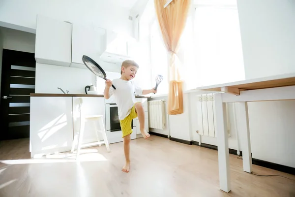 Cute Little Boy Kitchen Posing Kitchen Tools — Stock Photo, Image