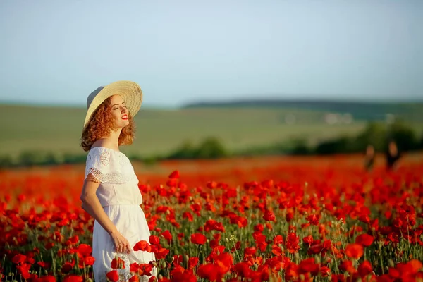 Jovem Bela Mulher Posando Campo Papoula Vestindo Vestido Branco Chapéu Imagens Royalty-Free