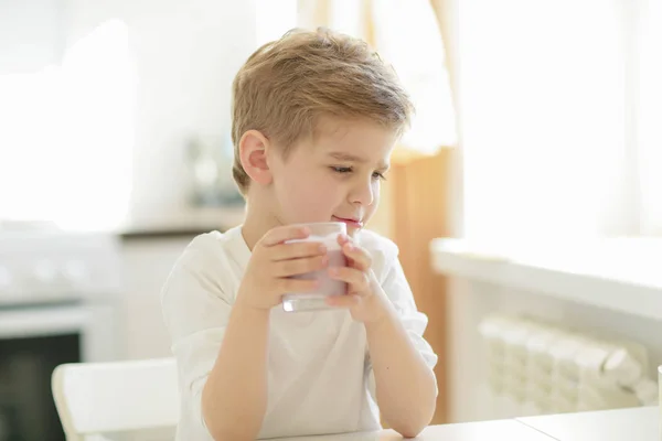 Kleine Jongen Consumptiemelk Close Portret — Stockfoto