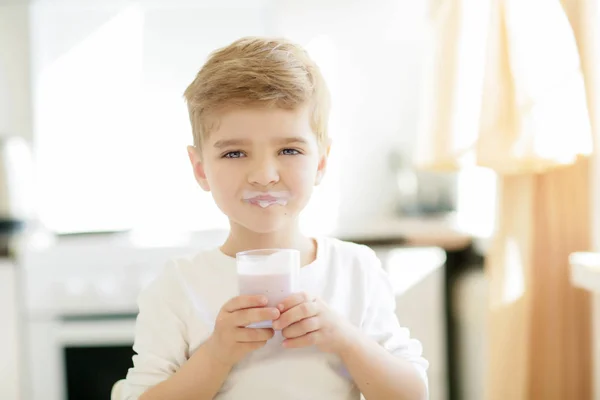 Little Boy Drinking Milk Close Portrait — Stock Photo, Image