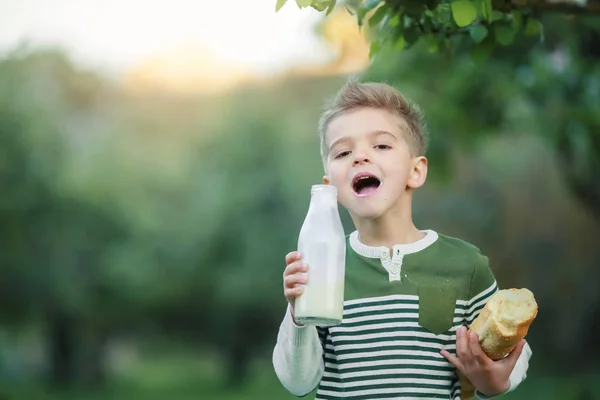 Niño Bebiendo Leche Comiendo Pan Jardín — Foto de Stock