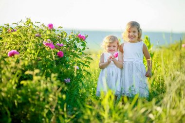 iki küçük kız açık havada yeşil sahada poz 