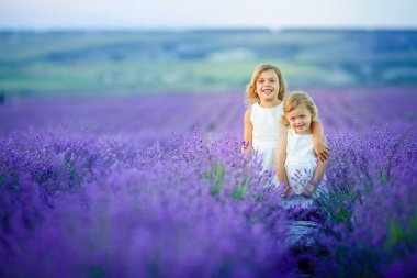 iki sevimli küçük kız lavanta sahada poz