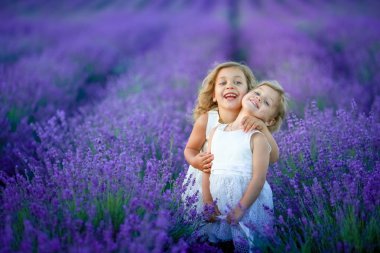iki sevimli küçük kız lavanta sahada poz