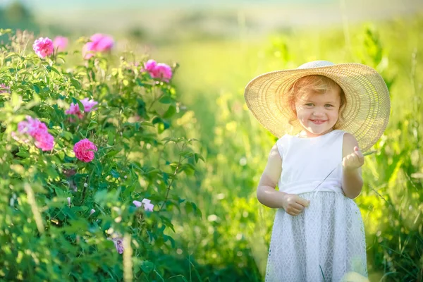 Adorabile Bambina Posa Sul Campo Verde — Foto Stock