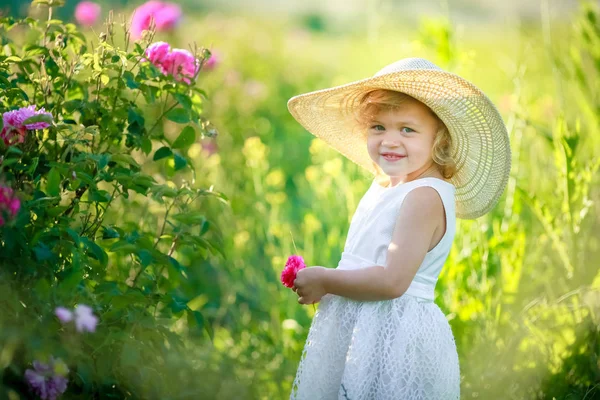 Söt Liten Flicka Poserar Grönt Fält Vit Klänning Och Hatt — Stockfoto