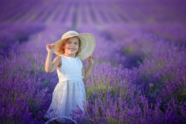 Linda Niña Posando Campo Lavanda — Foto de Stock