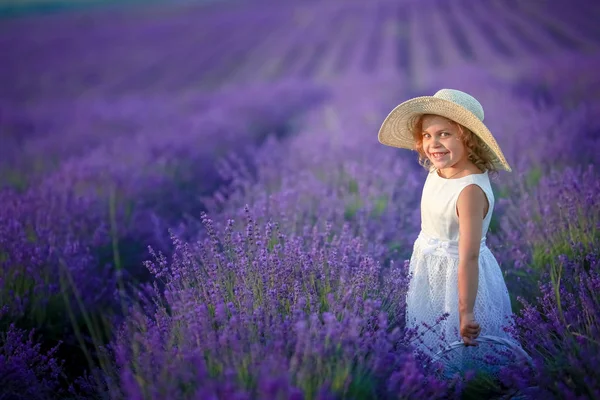 Schattig Klein Meisje Die Zich Voordeed Lavendel Veld — Stockfoto