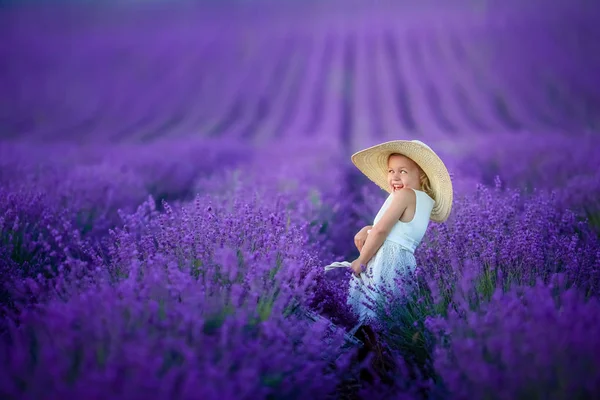 Schönes Kleines Mädchen Posiert Auf Lavendelfeld Mit Korb Voller Blumen — Stockfoto