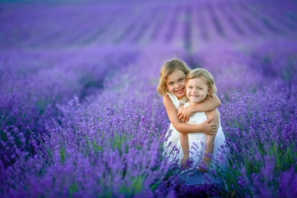 Zwei Süße Kleine Mädchen Posieren Auf Lavendelfeld — Stockfoto