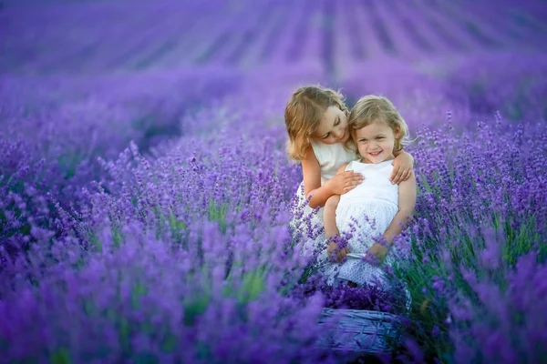 Дві Милі Маленькі Дівчата Позують Лавандовому Полі — стокове фото