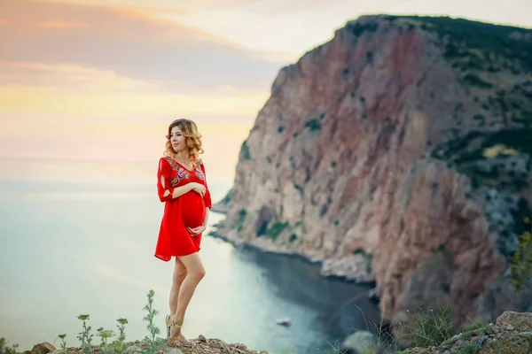 Hermosa Mujer Embarazada Posando Aire Libre Contra Increíble Paisaje Naturaleza —  Fotos de Stock