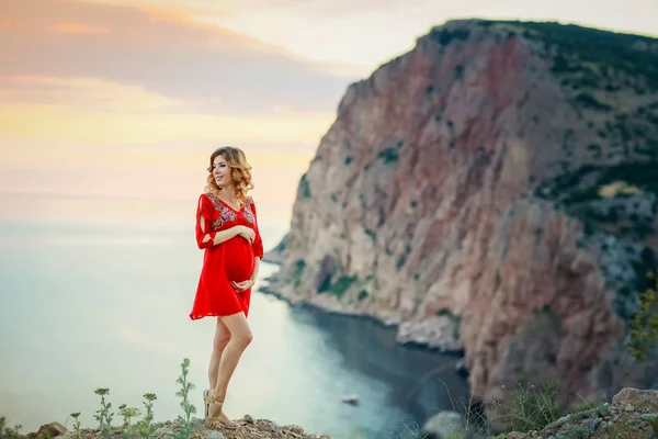 Schöne Schwangere Frau Posiert Freien Vor Atemberaubender Natur Landschaft Trägt — Stockfoto